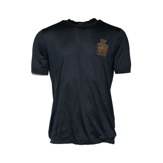 Dolce & Gabbana Dark Blue Silk Logo Patch Crew Neck T-shirt TSH90543-54