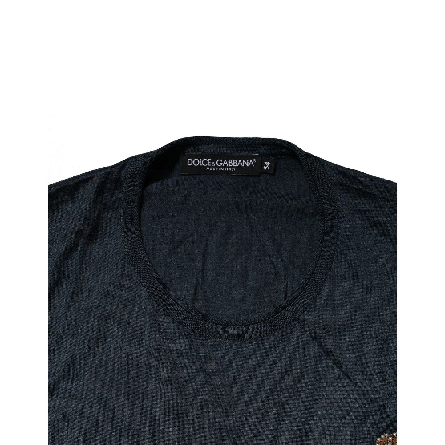 Dolce & Gabbana Dark Blue Silk Logo Patch Crew Neck T-shirt