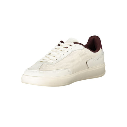 Tommy Hilfiger Beige Leather Women Sneaker with lace-up design and brown accents, featuring iconic embroidery logo, chic and comfortable