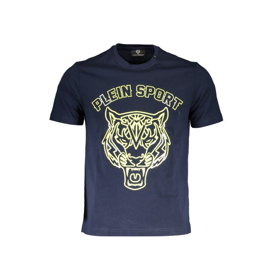 Plein Sport Blue Cotton Men T-Shirt with fierce print and tiger logo, perfect for luxury sportswear fashion enthusiasts.