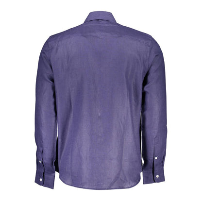 Back view of North Sails Blue Linen Men Shirt showcasing long sleeves and Italian collar.