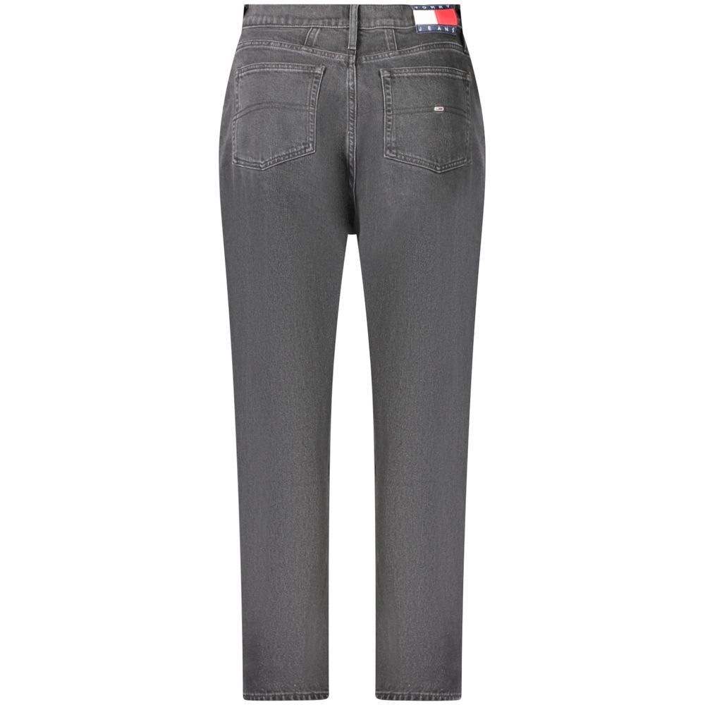 Back view of Tommy Hilfiger Black Cotton Women Jeans with Tommy logo, showcasing high-waisted tapered fit and sustainable fabric.