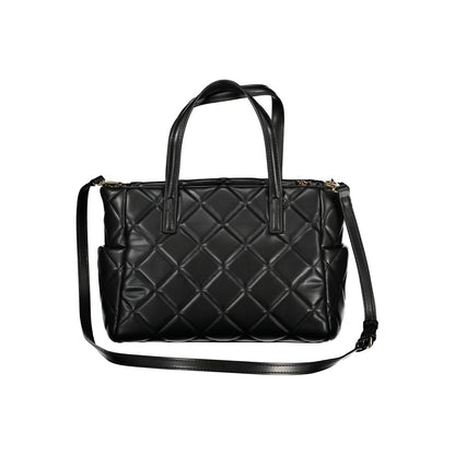 Mario Valentino Black Polyethylene Women Handbag with quilted design, featuring handles and a long strap for versatile use.