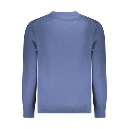 Timberland Blue Cotton Men Sweater, back view showcasing long sleeves and eco-conscious design made from 100% organic cotton.