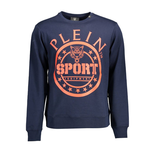 Plein Sport Blue Cotton Men Sweater with bold graphic print and logo, perfect for elevating your sportswear collection.