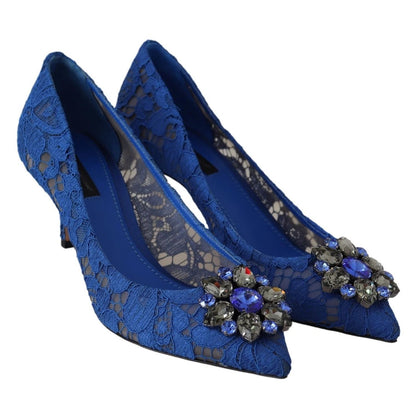 Dolce & Gabbana Blue Lace Crystal Ballet Pumps Shoes