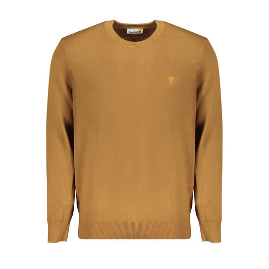 Timberland Brown Cotton Sweater, long-sleeved, crew neck, 100% organic cotton with logo detail. Ideal organic fashion choice.