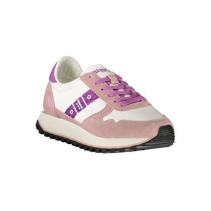 Blauer White Leather Women Sneaker with purple accents and contrasting details, perfect for stylish sports and street-ready outfits.