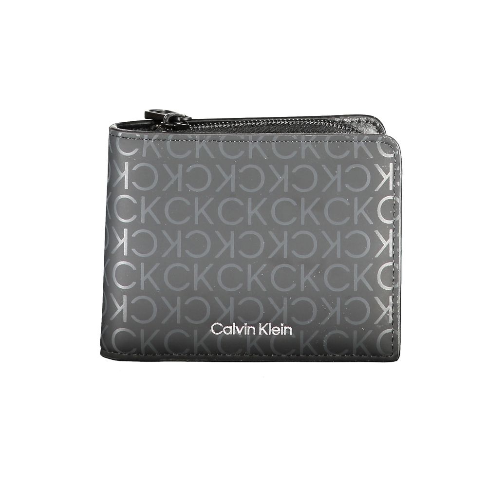 Calvin Klein Black Polyester Wallet with RFID blocking, zip closure, coin purse, and card spaces. Stylish with logo and contrast details.