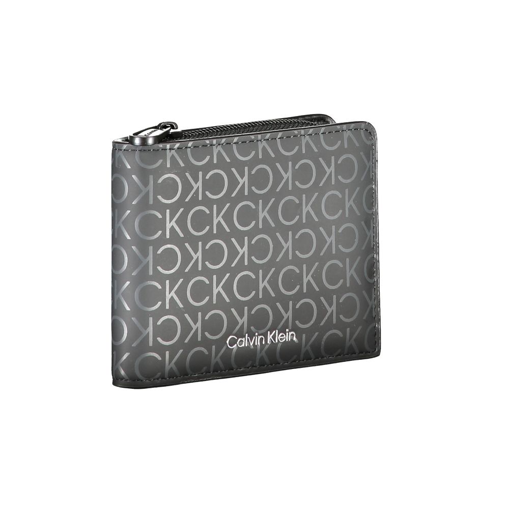 Calvin Klein Black Polyester Wallet with RFID blocking, zip closure, coin purse, and card slots. Stylish logo design and contrast details.