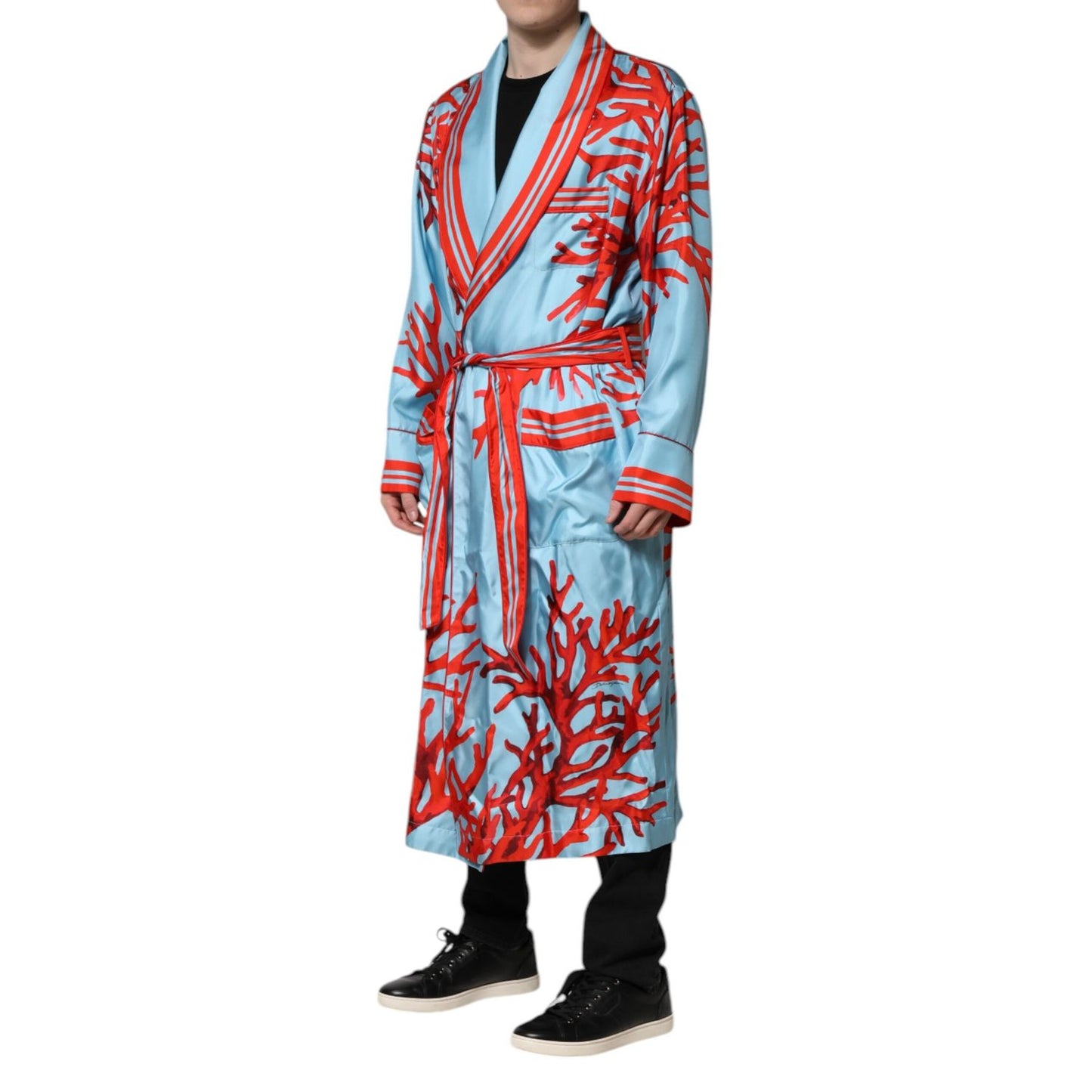 Dolce & Gabbana Blue Red Coral Print Wrap Robe Coat Jacket