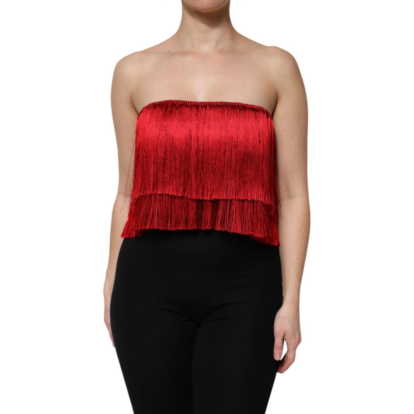 Dolce & Gabbana Red Silk Strapless Fringe Crop Tube Top