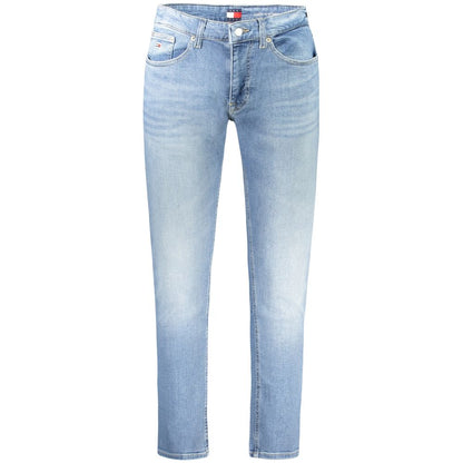 Tommy Hilfiger Blue Cotton Men Jeans with washed effect and slim-tapered fit, crafted with 50% regenerative cotton for sustainable fashion.