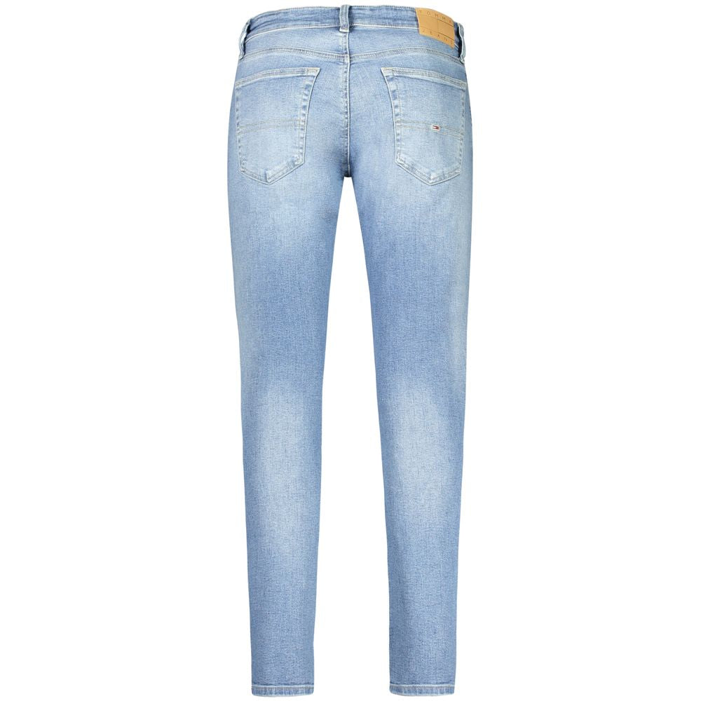 Back view of Tommy Hilfiger Blue Cotton Men Jeans with modern slim-tapered fit and washed effect, highlighting eco-conscious blend.