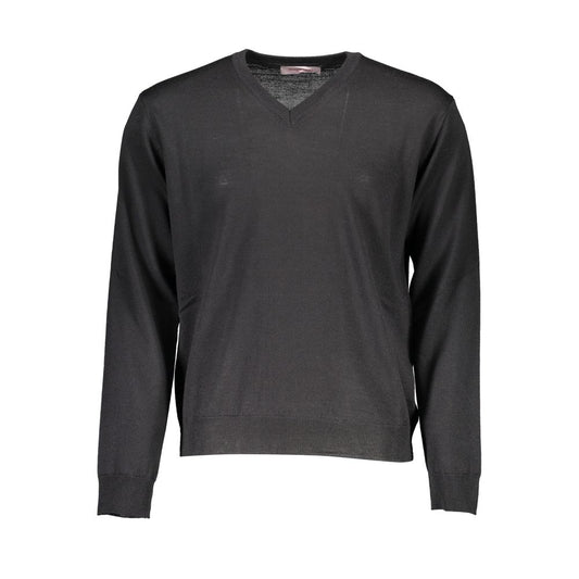 Romeo Gigli Black Wool Men Sweater, V-neck, long-sleeved, Italian craftsmanship, luxe wool blend, sophisticated men’s fashion