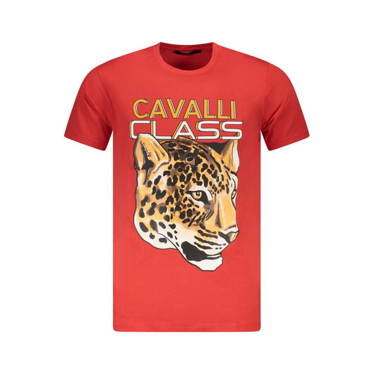 Cavalli Class Red Cotton Men T-Shirt with bold print and logo on front, stylish short-sleeve crew-neck for fashion-forward individuals.