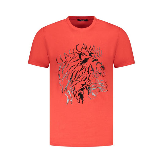 Cavalli Class Red Cotton Men T-Shirt with bold logo and sharp print, short-sleeve crew-neck design for fashion-forward comfort and style.