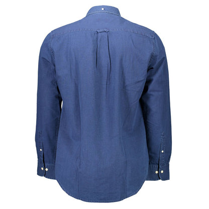 Back view of Gant Blue Cotton Men Shirt showcasing button-down collar and tailoring details.