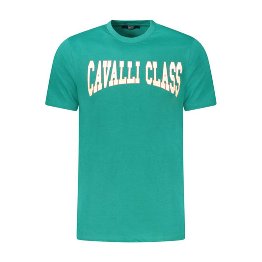 Cavalli Class Green Cotton T-Shirt with crew neck, short sleeves, and printed logo design.