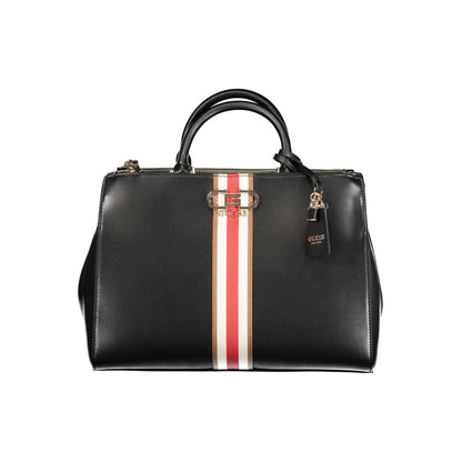 Guess Jeans Black Polyethylene Handbag with striped detail, featuring dual handles, adjustable strap, and multiple compartments.