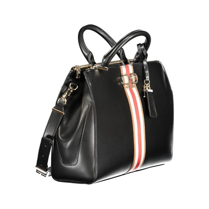 Guess Jeans Black Polyethylene Handbag with stripes, removable strap, and multiple compartments.