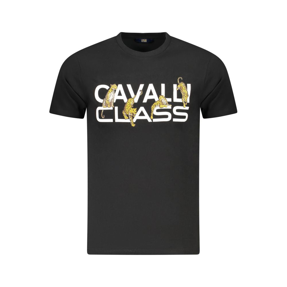 Cavalli Class Black Cotton Men T-Shirt with bold logo print, short sleeves, crew neck, and luxury design.