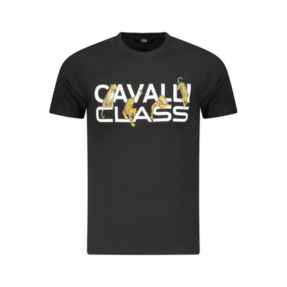 Cavalli Class Black Cotton Men T-Shirt with bold logo print, short sleeves, crew neck, and luxury design.