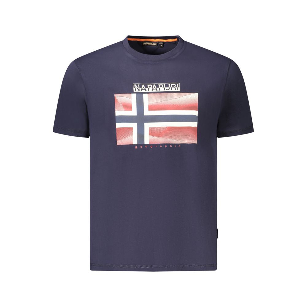 Napapijri Blue Cotton Men T-Shirt featuring logo and print on a stylish organic cotton crew-neck design.