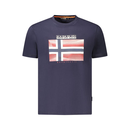 Napapijri Blue Cotton Men T-Shirt featuring logo and print on a stylish organic cotton crew-neck design.