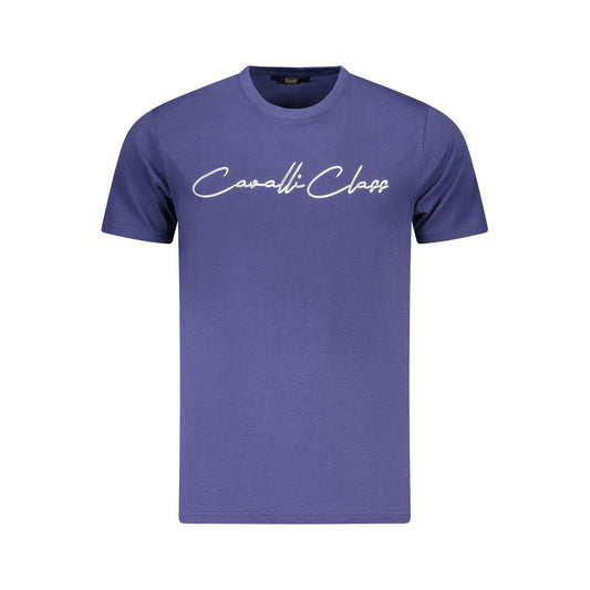 Cavalli Class Blue Cotton Men T-Shirt with bold logo print, short-sleeved statement piece for chic casual fashion.