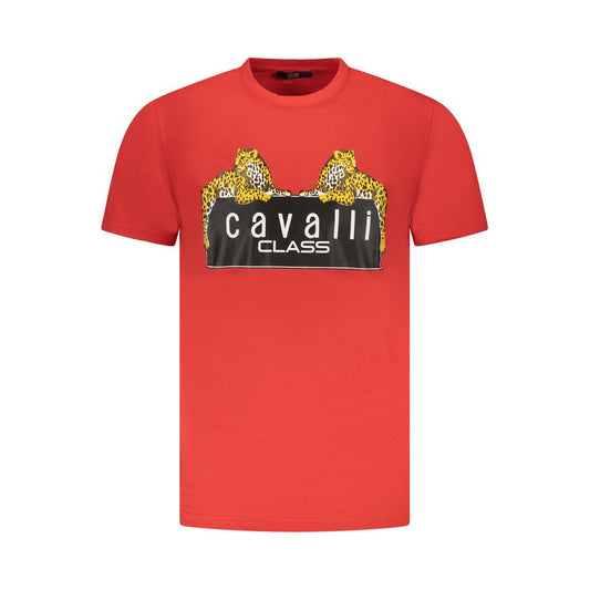 Cavalli Class Red Cotton Men T-Shirt with bold print and iconic logo for luxury casual wear.