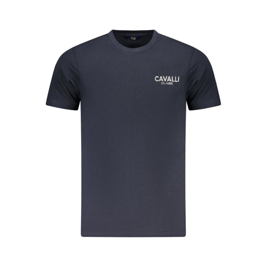 Cavalli Class Blue Cotton Men T-Shirt featuring logo, short sleeves, and bold design.