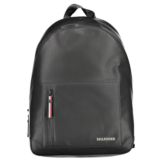 Tommy Hilfiger Black Polyester Backpack with adjustable straps, external pocket, and logo.