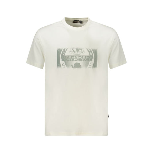 Napapijri White Cotton Men T-Shirt with crew neck and bold print on front, showcasing eco-conscious fashion style.