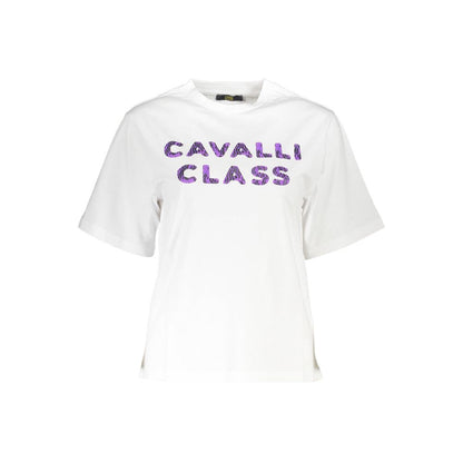 Cavalli Class White Cotton Women T-Shirt with bold print logo on front, short sleeves, and round neck design, crafted for comfort and style.