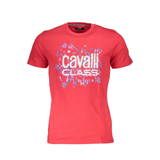 Cavalli Class Red Cotton Men T-Shirt with logo and print, short-sleeve crew neck design for casual luxury.