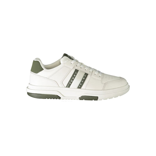 Tommy Hilfiger White Polyethylene Men Sneaker with green accents and logo, stylish and durable, perfect for modern fashion-forward individuals.