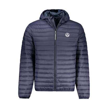 North Sails Blue Polyamide Men Jacket with hood and logo, lightweight design, featuring external and internal pockets for functionality and style.