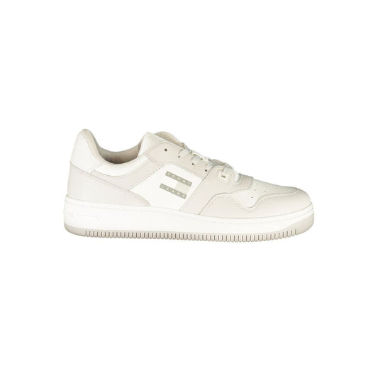 Tommy Hilfiger White Leather Men Sneaker with grey accents, featuring iconic branding and removable footbed for casual outings.