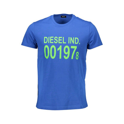 Diesel Blue Cotton Men T-Shirt with bold logo and daring print, short sleeve crew neck tee in striking blue, perfect for urban fashion.