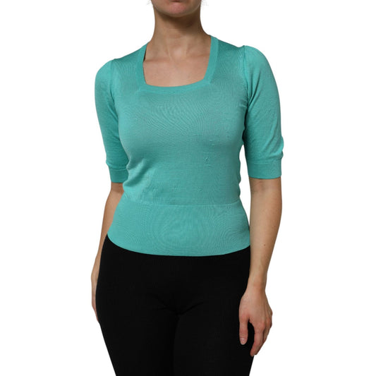 Dolce & Gabbana Aqua Blue Silk Short Sleeves Square Neck Top TSH87147-40
