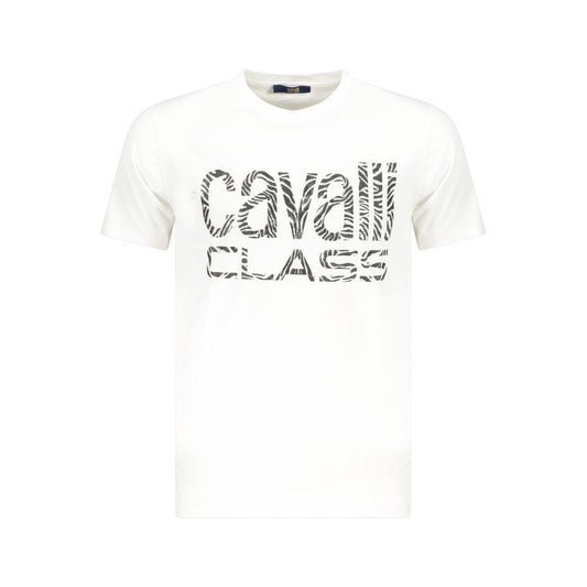 Cavalli Class White Cotton Men T-Shirt with iconic logo design, short sleeve, crew neck, premium material, chic casual wear for modern men.