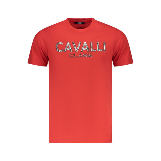 Cavalli Class Red Cotton Men T-Shirt with bold logo and striking design, short sleeve crew neck luxury fashion statement.