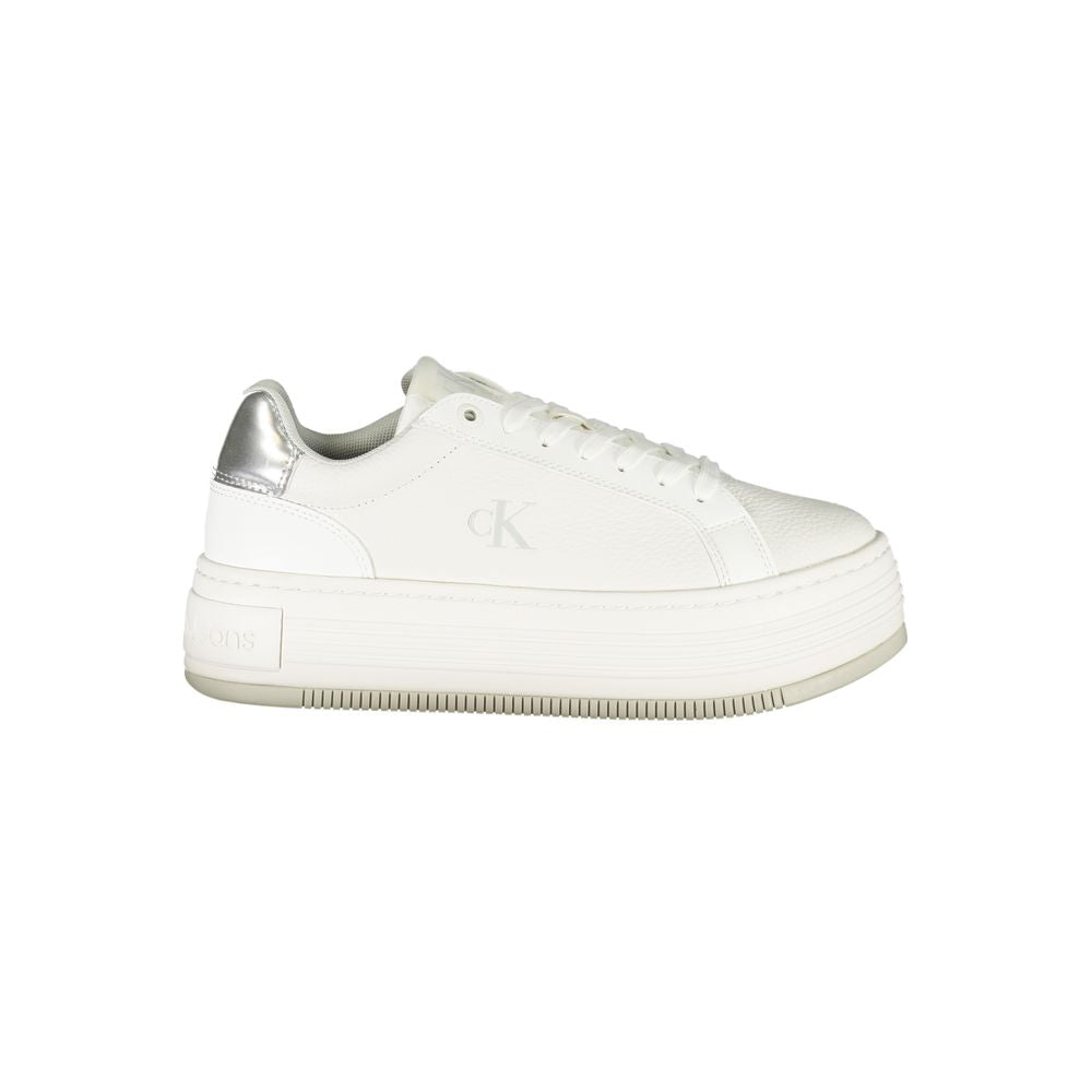 Calvin Klein White Leather Women Sneaker with silver accents and 4 cm wedge heel, stylish and comfortable for the modern trendsetter.