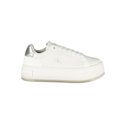 Calvin Klein White Leather Women Sneaker with silver accents and 4 cm wedge heel, stylish and comfortable for the modern trendsetter.
