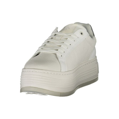 Calvin Klein White Leather Women Sneaker with 4 cm wedge heel, sleek design, silver accents, and removable insole for modern trendsetters.