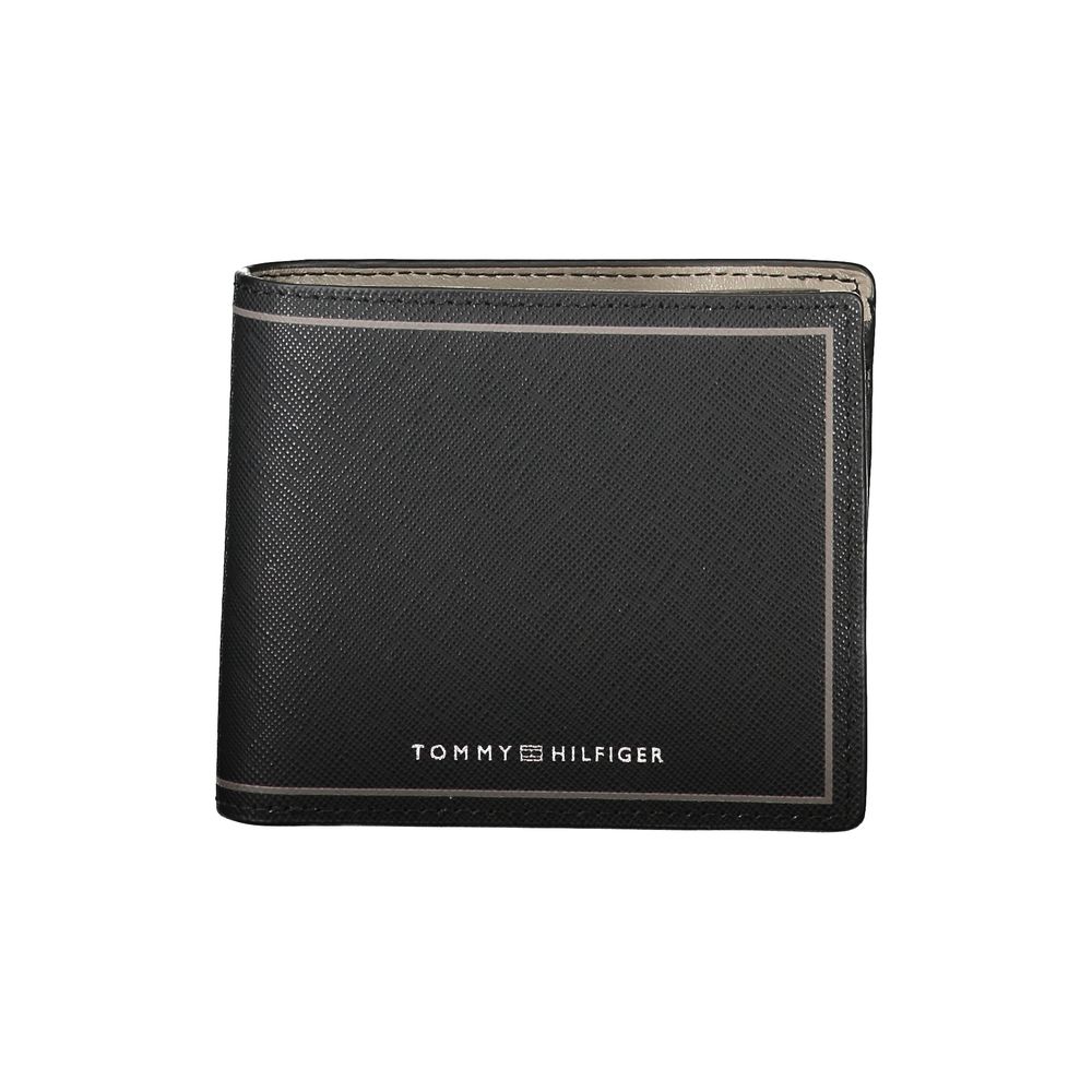 Tommy Hilfiger Black Leather Wallet with 2 compartments, coin purse, card spaces, contrast details, and logo