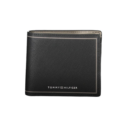 Tommy Hilfiger Black Leather Wallet with 2 compartments, coin purse, card spaces, contrast details, and logo