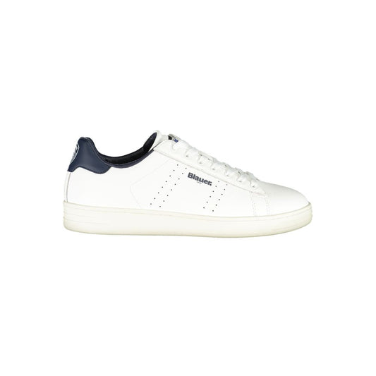 Alt Tag: Blauer White Leather Men Sneaker featuring sleek white design with blue accents and removable insole for comfort.