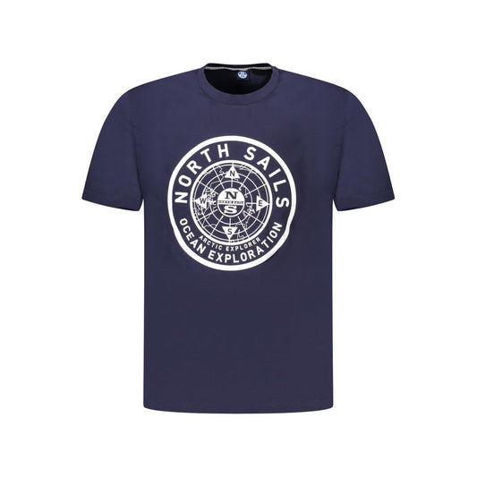 North Sails Blue Cotton Men T-Shirt with bold logo on front, ideal for seafarers and urban explorers seeking comfort and style.